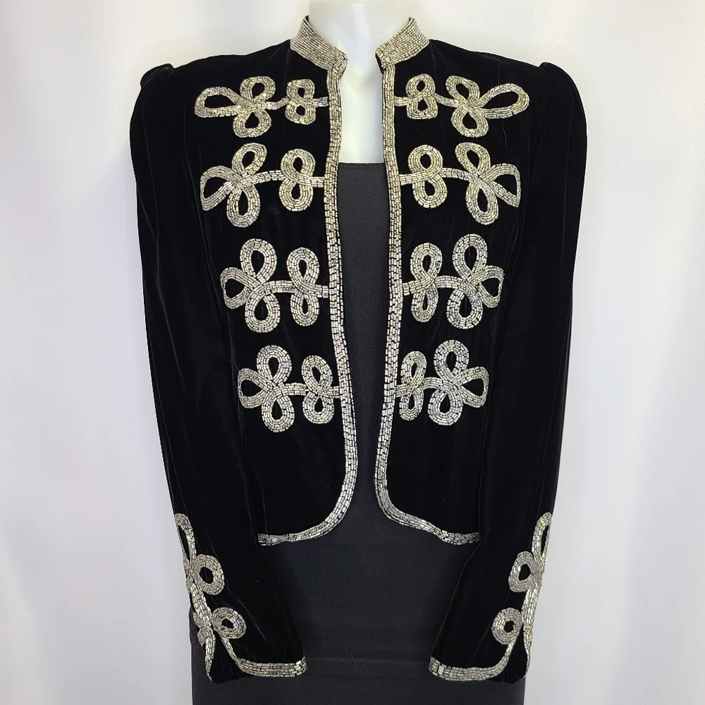 Oscar de la Renta Lillie Rubin Vintage Black Velvet Silver Beaded Jacket Medium